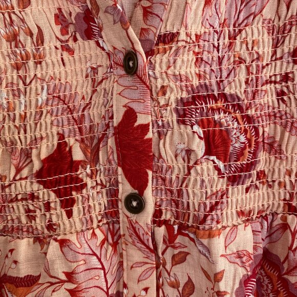 Knox Rose XXL Floral Pink & Red Button-Up Blouse With Smocked Waist & Puff Sleev - Picture 7 of 9